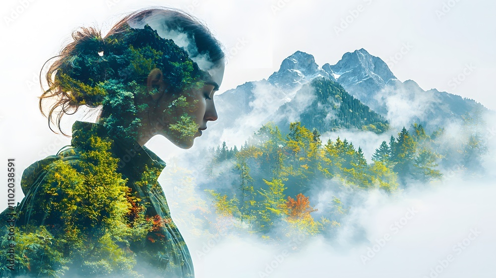 Poster tranquil reflection of nature: a serene double exposure portrait of a woman merging with vibrant for