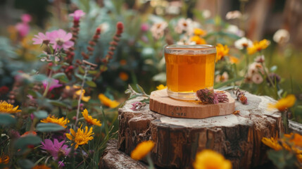 glass of herbal tea sits on wooden slice surrounded by vibrant wildflowers, creating serene and inviting atmosphere. warm colors of tea complement natural beauty of garden
