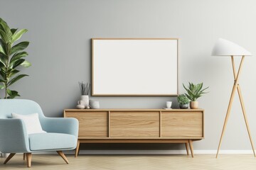 Frame mock-up. Poster mockup. Latest Trends in Modern Living Room. Minimalist Bohemian Furniture styles. Stylish home minimal design with a wooden cabinet, cozy blue chair. Boho interior, rustic decor