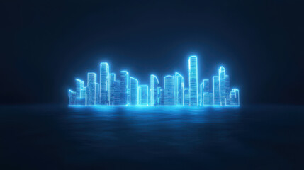 Obraz premium Futuristic city skyline illuminated by neon lights, showcasing modern architecture and vibrant atmosphere. glowing structures reflect on water, creating captivating scene