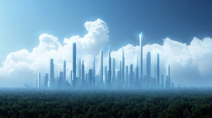 Obraz premium Futuristic cityscape with towering skyscrapers and advanced technology, surrounded by lush greenery and dramatic clouds. vision of modern urban environment