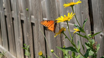 Vibrant orange butterfly on yellow arnica montana against a rustic wooden fence, fauna, arnica montana, botanical illustration