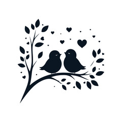 Two Birds in Love on a Branch with Hearts Silhouette Design Vector Illustration.