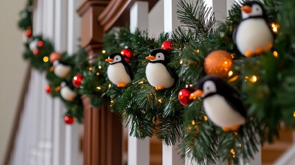 38. A Christmas garland wrapped around a staircase rail with tiny plush penguins attached