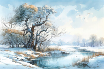 winter landscape with snow-covered trees and a river covered with ice 