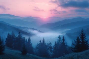 Obraz premium beautiful mountain landscape at sunset. The soft pinks and blues of the sunset sky blend with the blue shadows of the mountain ranges 