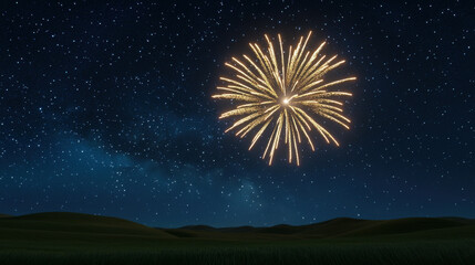 stunning fireworks display illuminates night sky, creating vibrant spectacle against backdrop of stars and rolling hills. scene evokes sense of wonder and celebration