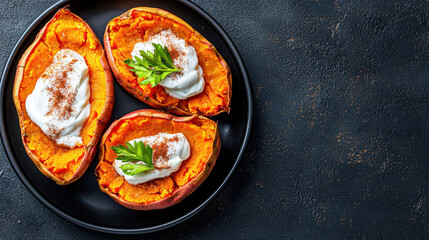 Baked sweet potatoes topped with cream and cinnamon on dark plate create delicious and inviting dish. vibrant orange color contrasts beautifully with dark background, enhancing visual appeal