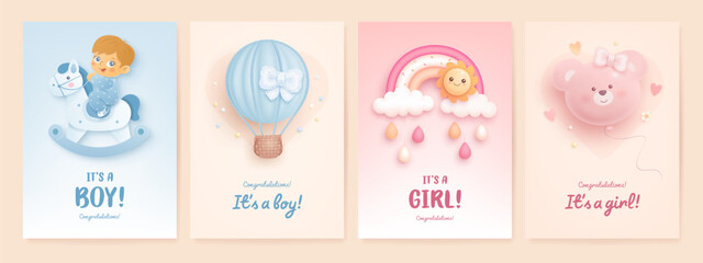 Baby shower banner, invitation, arrival greeting card design template. Baby birth vector 3d toys and flowers. It's a girl. It's a boy. Welcome baby background