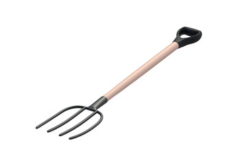 Pitchfork isolated on white background. Agricultural 4 tines hayfork. Gardening equipment. 3d render