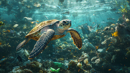 Fototapeta premium An underwater scene in a once-pristine reef, now littered with plastic waste and garbage. A sea turtle swims cautiously among the debris, illustrating the devastating impact of pollution on marine