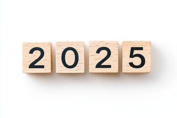 Wooden Blocks Displaying the Year 2025 on a White Background