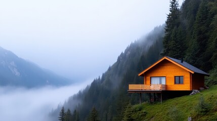 Fototapeta premium A rustic cabin stands on a mountain slope above a fog-shrouded valley, offering stunning views of a dense pine forest, evoking a sense of adventure and escapism.