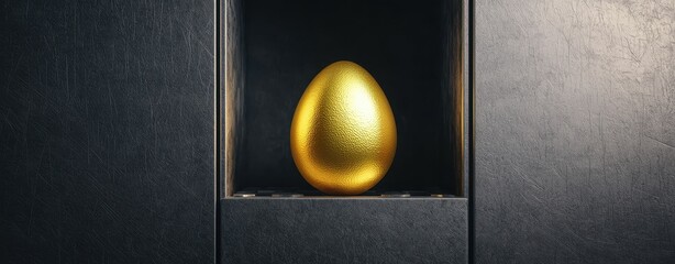 A textured golden egg showcased in a dark, secure niche with a metallic backdrop, symbolizing wealth, exclusivity, and protection.