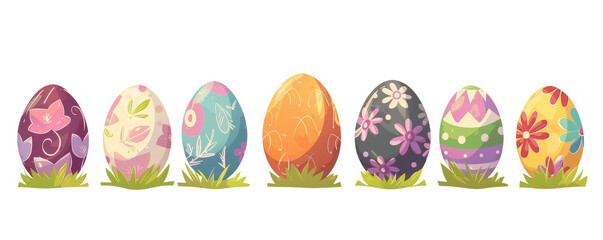 Set of cartoon Easter chocolate eggs, traditional painted eggs, spring holiday egg hunt game items, colorful decorations. flat illustration surprise eggs, isolated transparent background