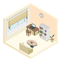 3d isometric room , office room , study room , shelf, sofa, work from home