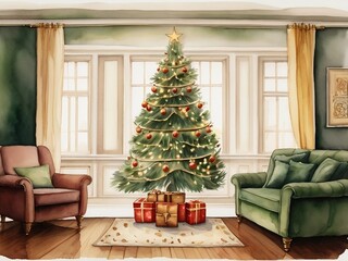 Fototapeta premium Christmas tree in the cozy living room drawn with watercolor.