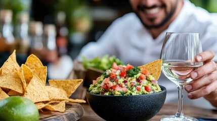 A festive table scene highlighting a bowl of guacamole with tortilla chips and lime, complemented by a glass of beverage, suggesting a lively social gathering.