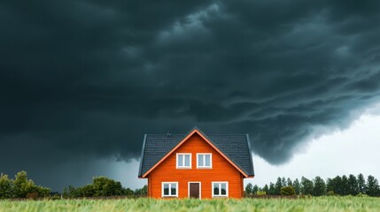 Approaching tornado threatens lone farmhouse in open field landscape