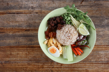 Khao kluk kapi. Rice mixed with shrimp paste. Thai shrimp paste fried rice with sweet pork and assorted