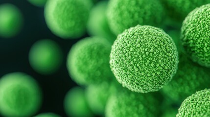 Close-Up View of Vibrant Green Microbial Cells with Intricate Texture Details