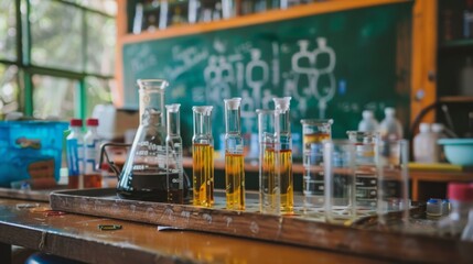 A vibrant science laboratory featuring diverse instruments, test tubes, and chalkboard equations