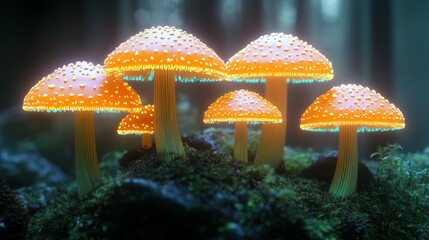 Orange golf color neon mushrooms on the dark forest