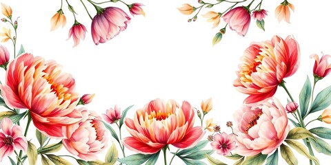 Fototapeta premium Watercolor autumn peonies and garden flowers frame border on white background, watercolor illustrations, autumn flowers