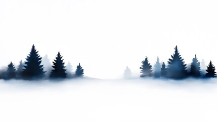 Obraz premium Snowy landscape in watercolor with towering pines, softly falling snowflakes, and a quiet horizon