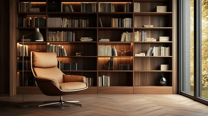 Reading room with wooden bookshelf comfortable chairs and floor lamps