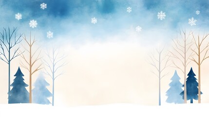 Serene winter woods painted in soft watercolor tones, snowflakes gently resting on the branches