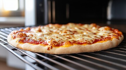 A delicious cheese pizza with a golden crust is baking in an oven, showcasing its appetizing appearance and bubbling cheese in a culinary setting.
