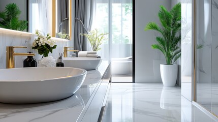 Spacious, bright bathroom interior with double sinks and mirrors, featuring elegant gold fittings and luxurious decor amidst lush greenery and flowers.