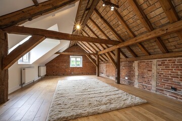 Wooden beams and exposed brick on the ceiling with a plush area rug, wooden beams, plush furniture