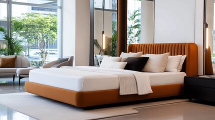 A contemporary bedroom with an urban atmosphere, highlighted by an orange upholstered headboard and large windows, blending comfort and modern design seamlessly.