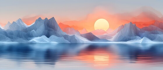 A tranquil landscape featuring a stylized polygonal representation of mountains reflecting in calm water at sunset, creating a serene and colorful atmosphere.