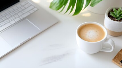 A cozy, inviting workspace encapsulated by a close-up view displaying a steaming cup of coffee beside a sleek laptop and decorative green plants on a tidy desk.