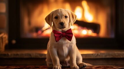 An adorable puppy with a red bow collar sitting by a glowing fireplace