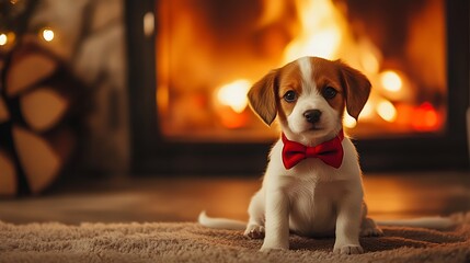 An adorable puppy with a red bow collar sitting by a glowing fireplace
