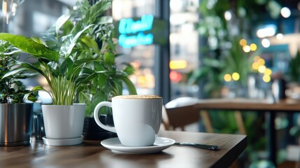 A comforting warm cup of coffee with creamy foam resting on a wooden table, surrounded by indoor plants and inviting cafe ambiance in a softly focused background.