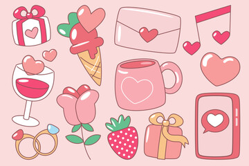 Playful Valentine’s Day doodle set featuring hearts, gifts, and love symbols on a pink background. Perfect for romantic and festive designs.