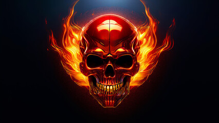 Futuristic red skull with gold teeth.