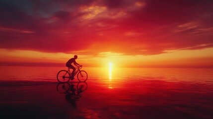Fototapeta premium Tranquil image of a lone cyclist silhouetted against a vibrant sunset, riding on calm waters like a surreal dreamscape.