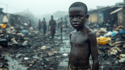 Young African Boy in a Slum Environment with Misty Atmosphere

