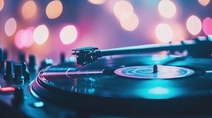 Turntable close-up featuring a spinning vinyl record, accented by vivid, dreamy bokeh lights in the background