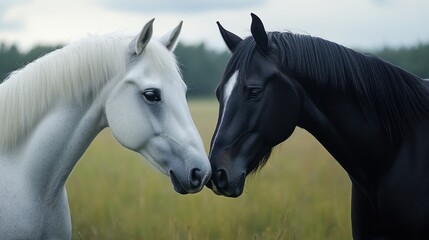 Obraz premium Two horses, one black and one white, share a serene moment of connection, emphasizing balance and harmony.
