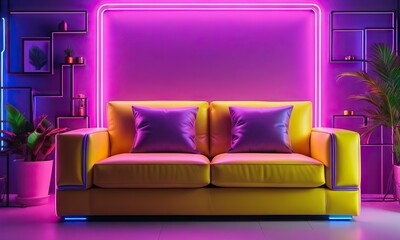 Vibrant neon-lit living room with yellow couch and purple accents
