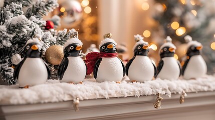 A group of penguin-shaped Christmas figurines on a snow-covered mantel