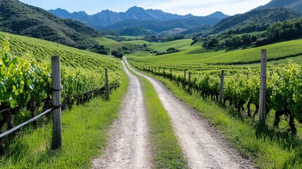 Fototapeta premium A charming dirt path winds through sprawling vineyards with a backdrop of towering mountains under a vivid blue sky, conveying the essence of rural beauty and serenity.