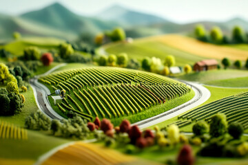 A vibrant landscape featuring rolling hills, vineyards, and a winding road, showcasing the beauty of nature in a miniature style.